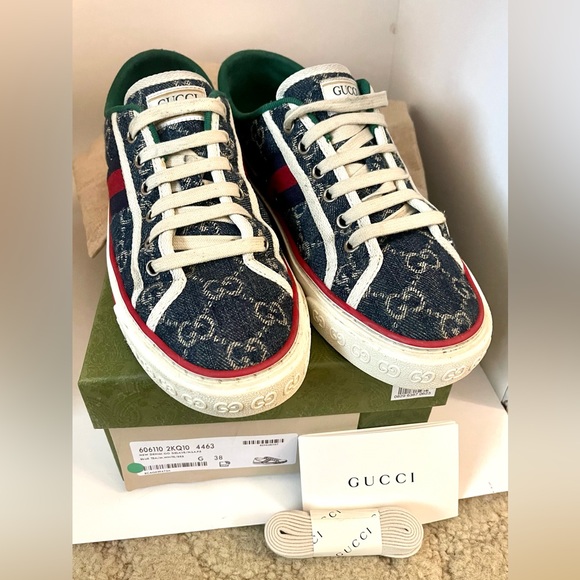 Gucci Tennis 1977 Webbing Trimmed Monogrammed Blue Denim Sneakers Size 8… - Picture 2 of 15